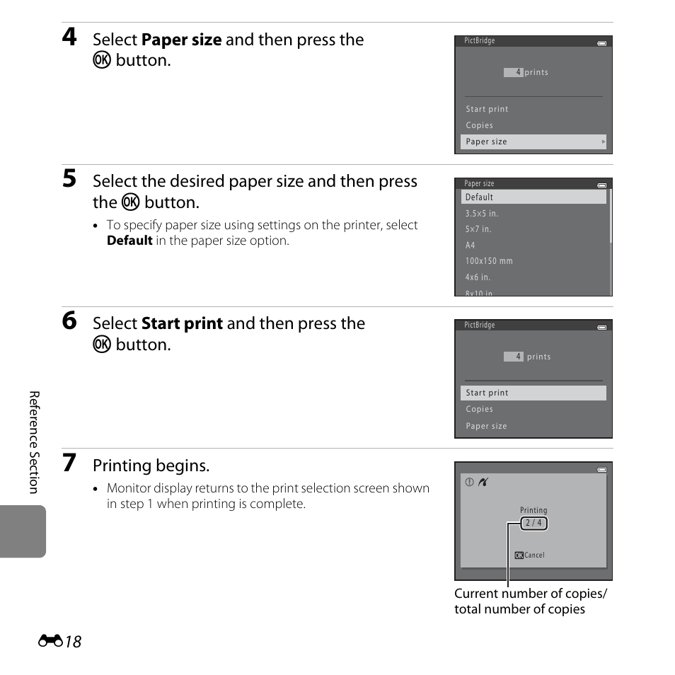 Select paper size and then press the k button, Select start print and then press the k button, Printing begins | Nikon L28 User Manual | Page 122 / 200