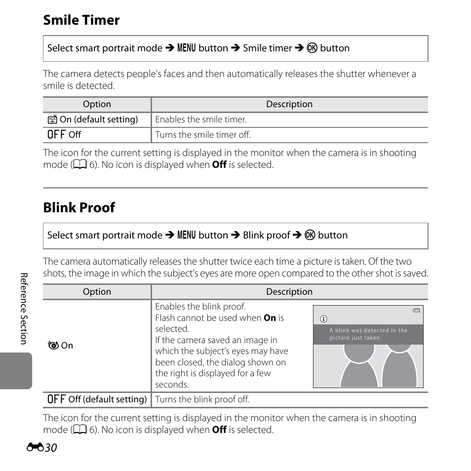Smile timer, Blink proof, E30) | E30) to | Nikon L28 User Manual | Page 134 / 200