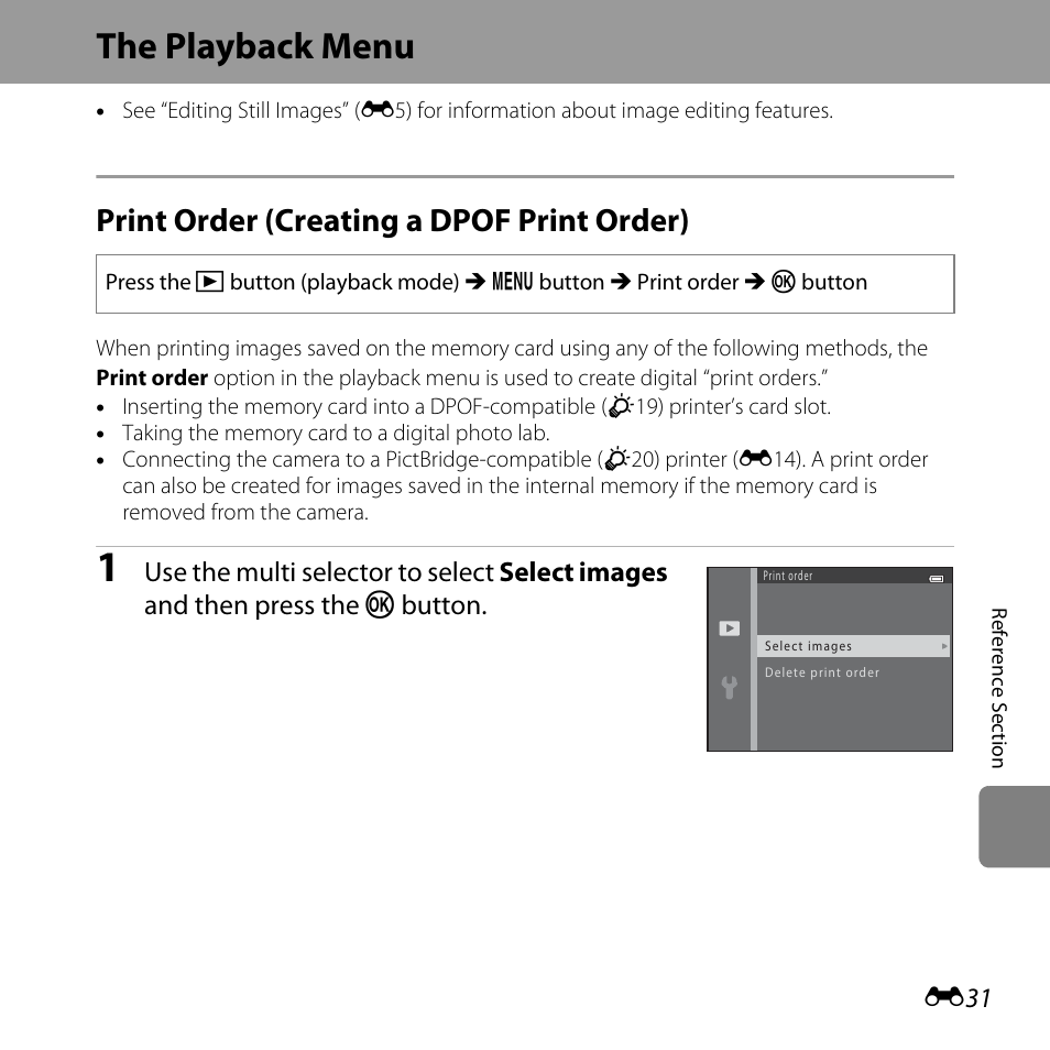 The playback menu, Print order (creating a dpof print order), E31) | Nikon L28 User Manual | Page 135 / 200