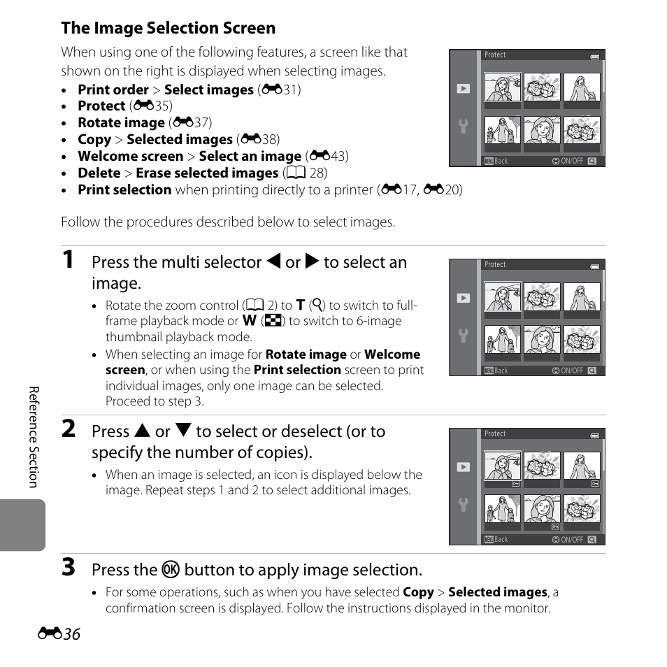 The image selection screen, Press the multi selector j or k to select an image, Press the k button to apply image selection | Nikon L28 User Manual | Page 140 / 200