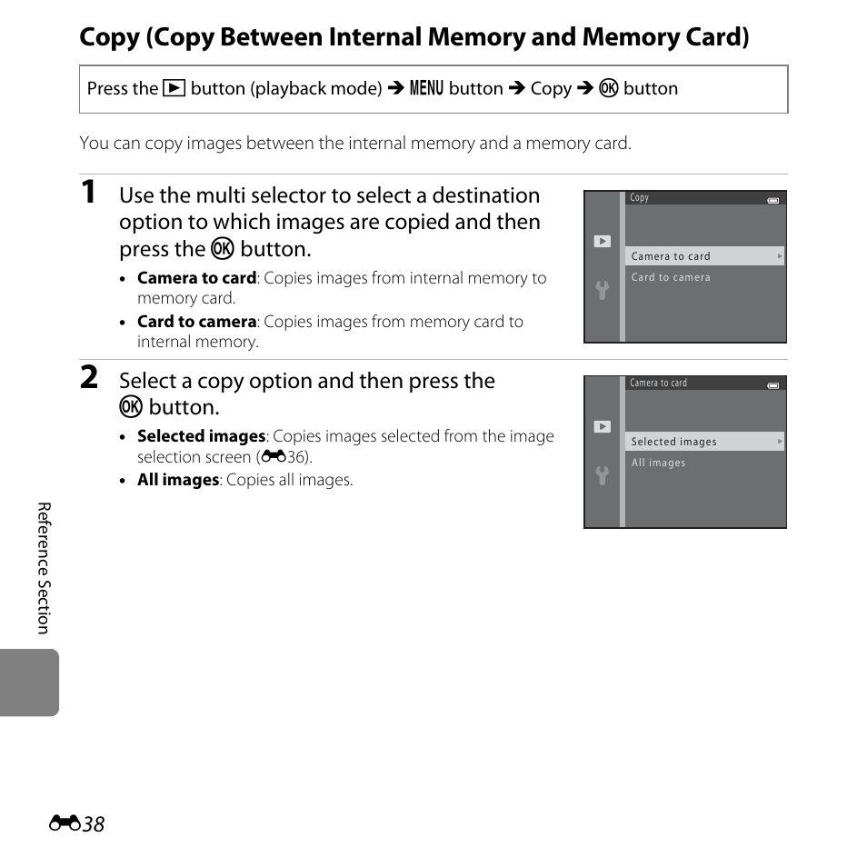 E38), Select a copy option and then press the k button | Nikon L28 User Manual | Page 142 / 200