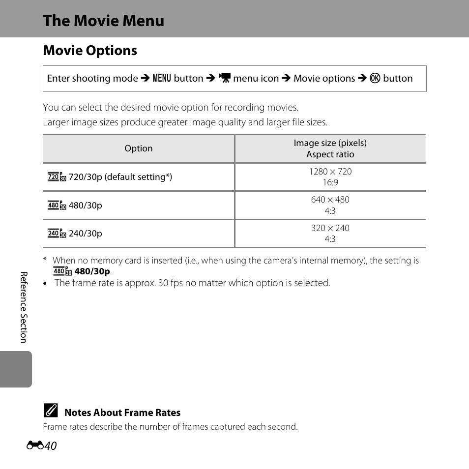 The movie menu, Movie options, E40) i | Nikon L28 User Manual | Page 144 / 200