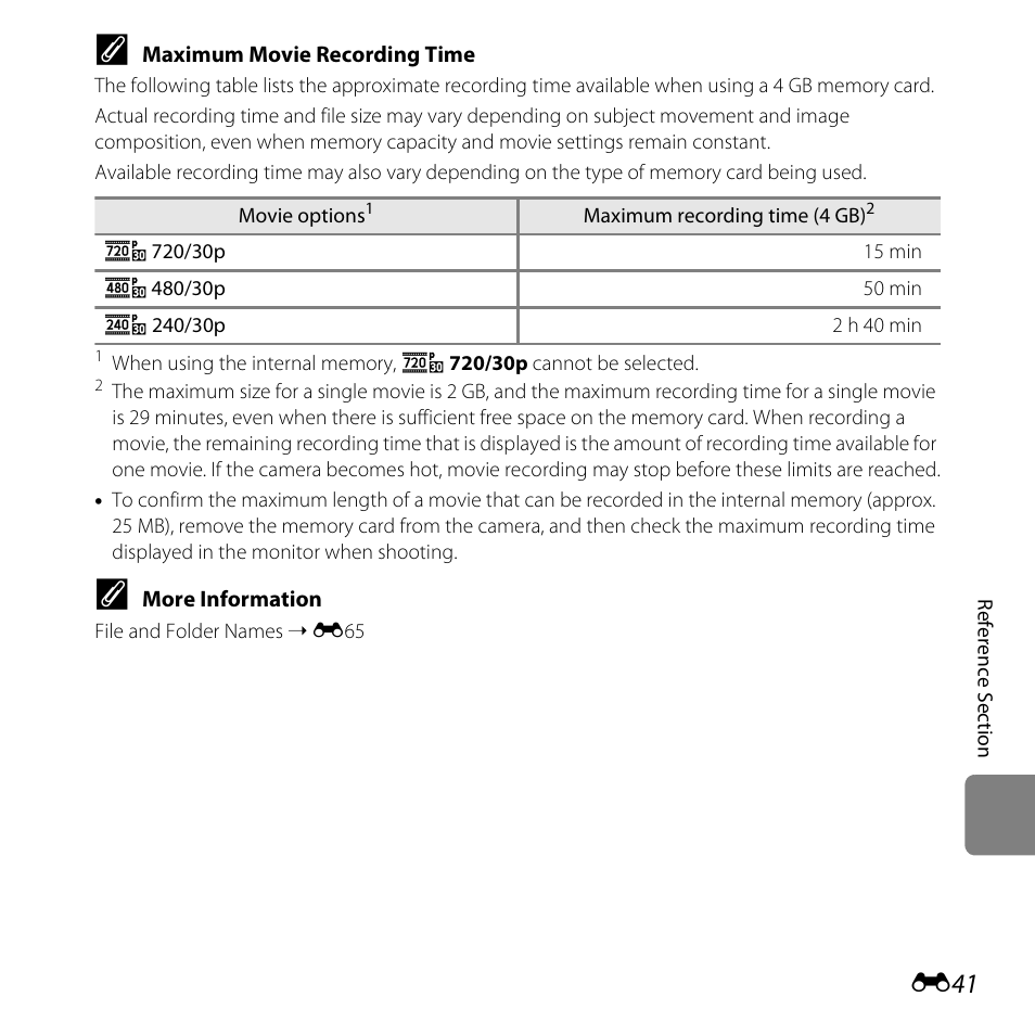 Maximum movie recording time | Nikon L28 User Manual | Page 145 / 200