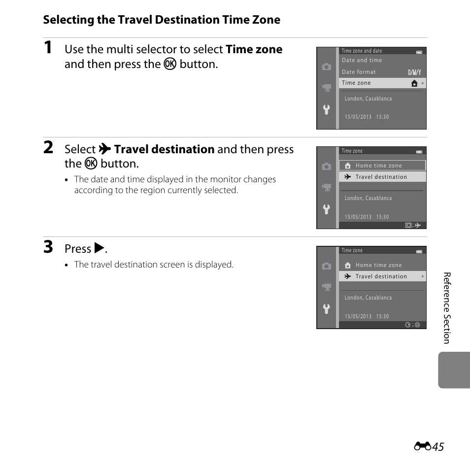 Selecting the travel destination time zone, Press k | Nikon L28 User Manual | Page 149 / 200