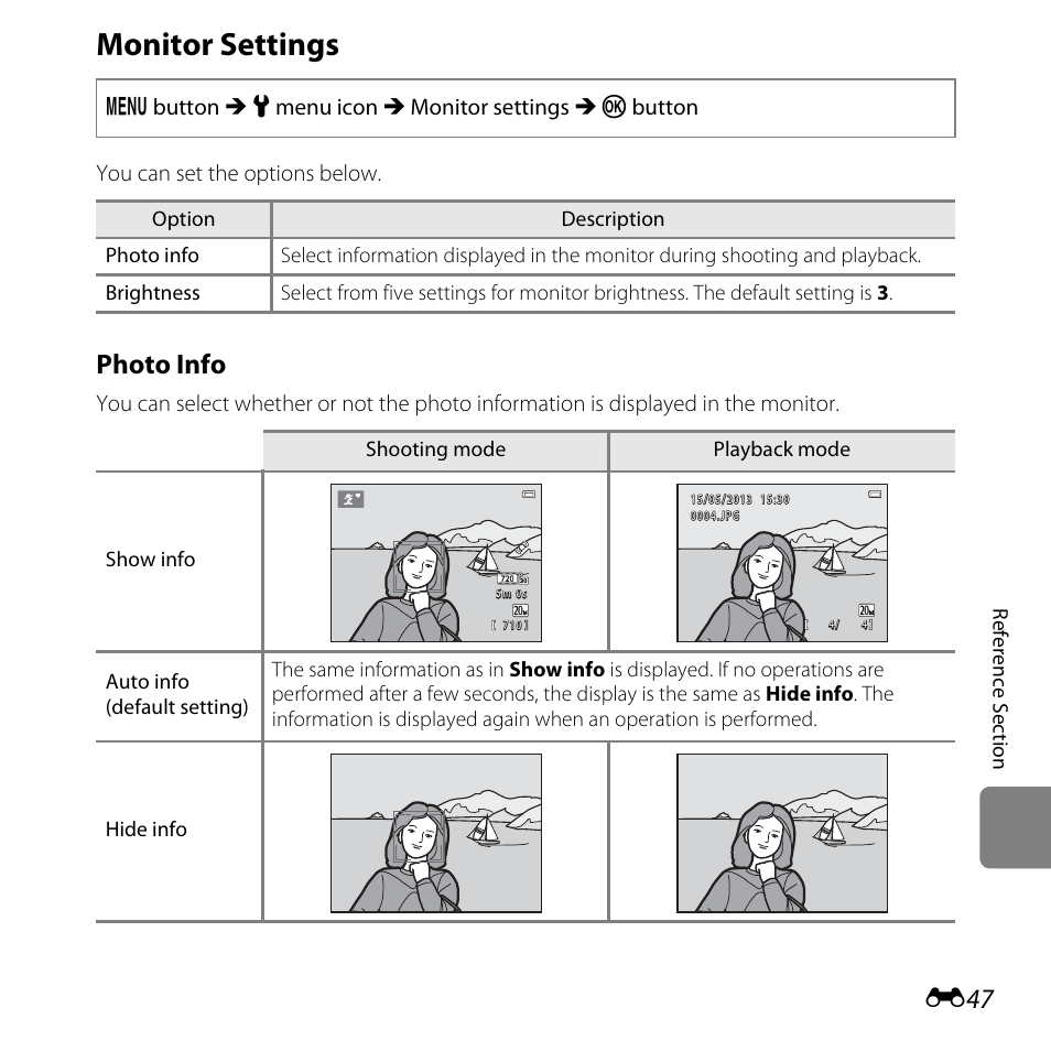 Monitor settings, E47), Photo info | Nikon L28 User Manual | Page 151 / 200