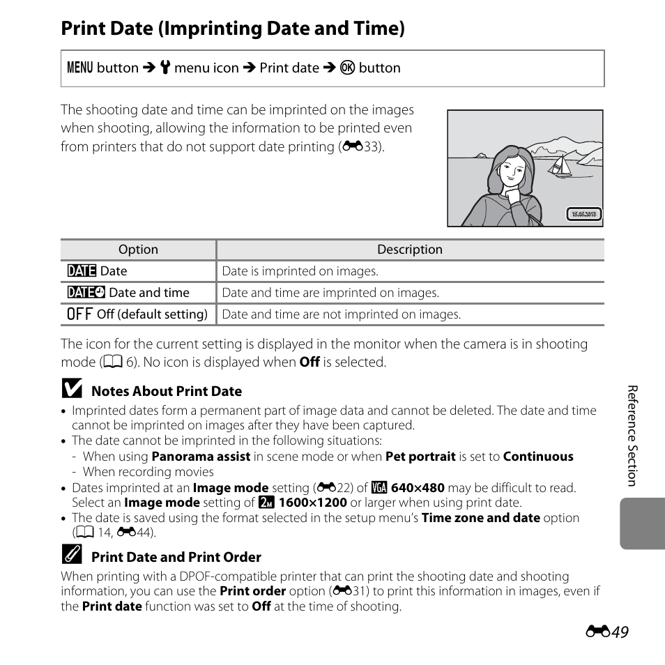 Print date (imprinting date and time), E49) in, E49) i | Nikon L28 User Manual | Page 153 / 200