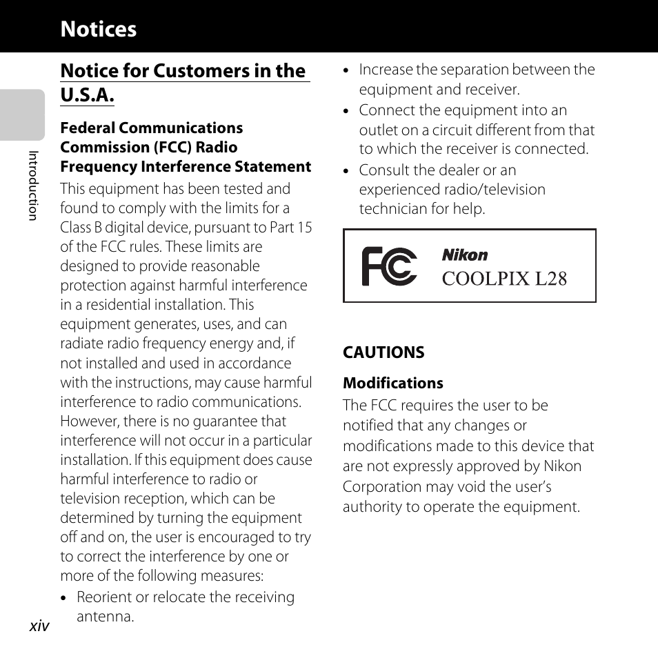 Notices, Notice for customers in the u.s.a | Nikon L28 User Manual | Page 16 / 200