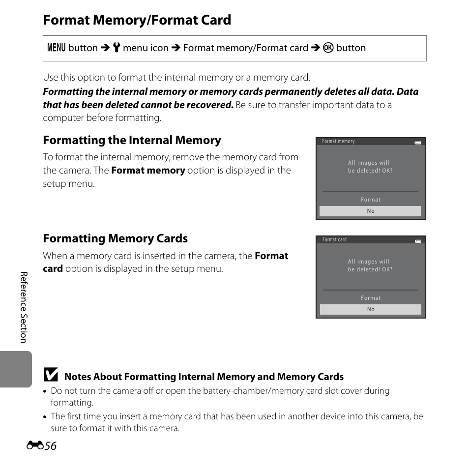 Format memory/format card, E56) in the | Nikon L28 User Manual | Page 160 / 200