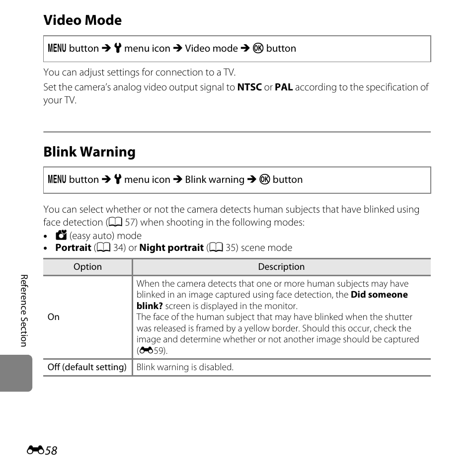Video mode, Blink warning | Nikon L28 User Manual | Page 162 / 200
