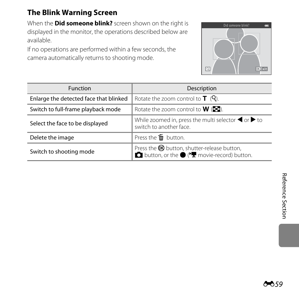 E59), The blink warning screen | Nikon L28 User Manual | Page 163 / 200