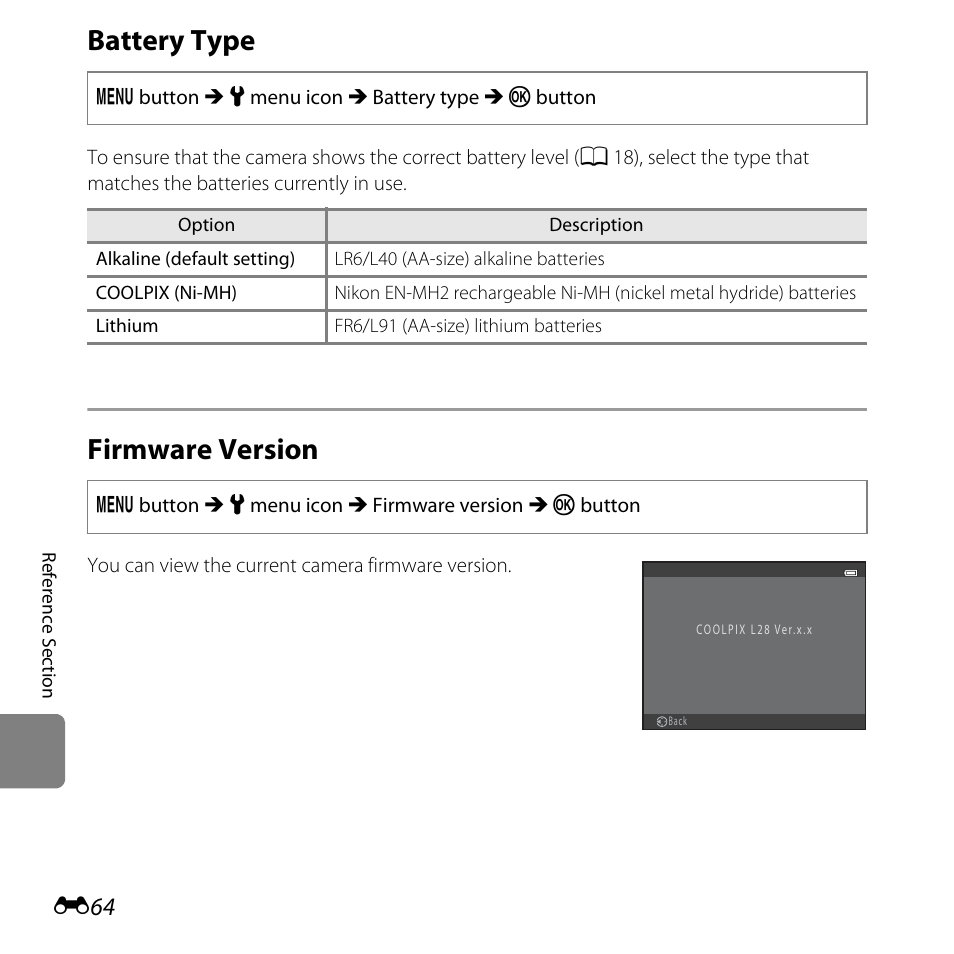 Battery type, Firmware version, E64) | Nikon L28 User Manual | Page 168 / 200