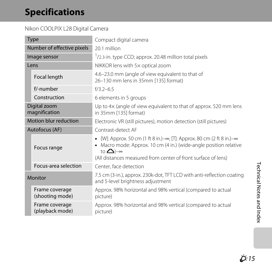 Specifications, F 15 | Nikon L28 User Manual | Page 189 / 200