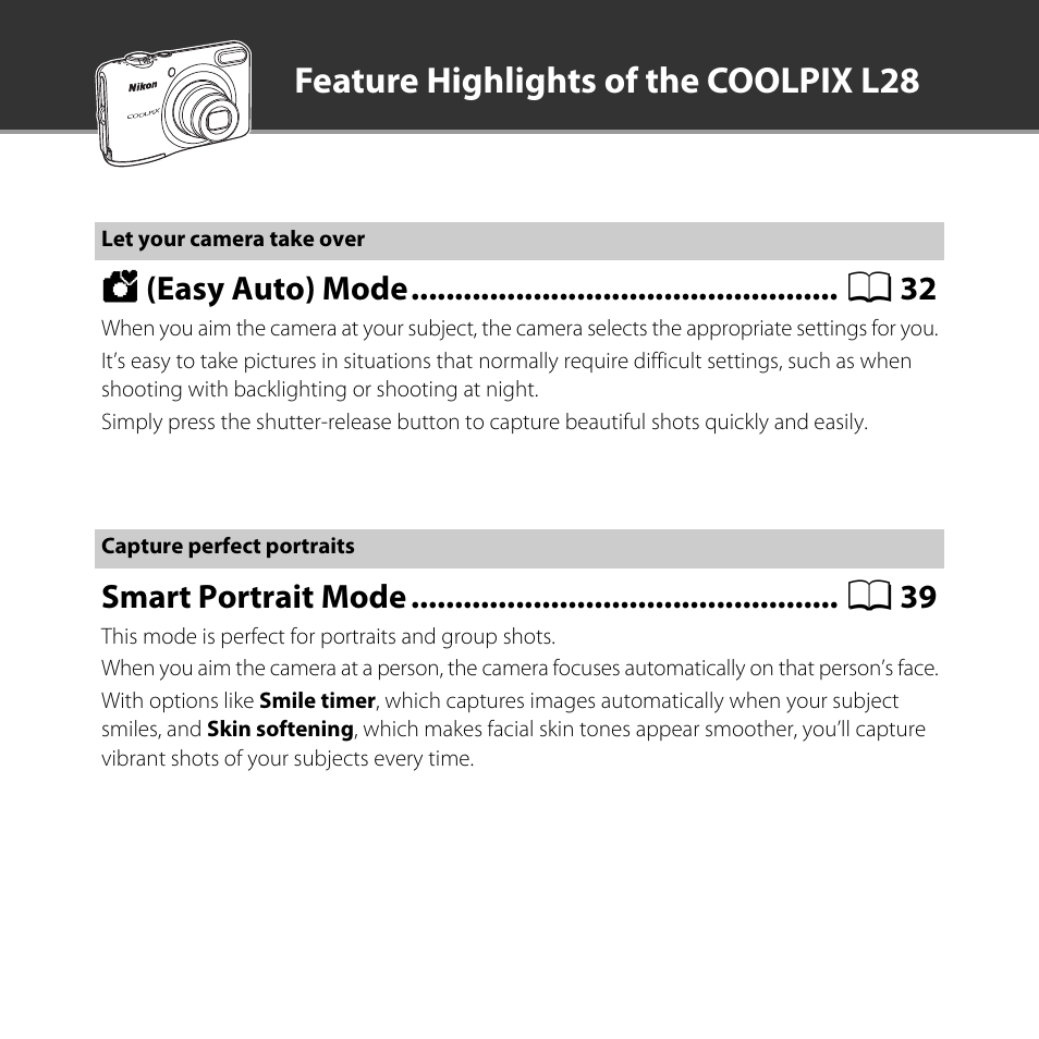 Feature highlights of the coolpix l28 | Nikon L28 User Manual | Page 2 / 200