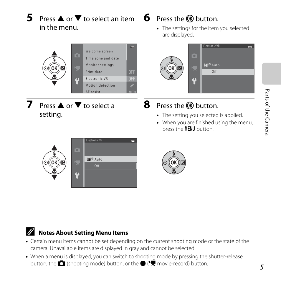 Press h or i to select an item in the menu, Press the k button, Press h or i to select a setting | Nikon L28 User Manual | Page 25 / 200