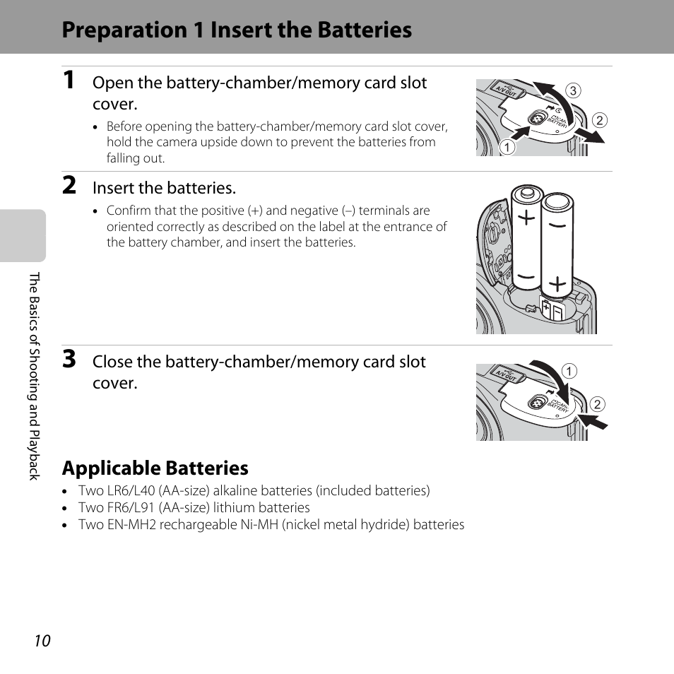 Preparation 1 insert the batteries, Applicable batteries | Nikon L28 User Manual | Page 30 / 200