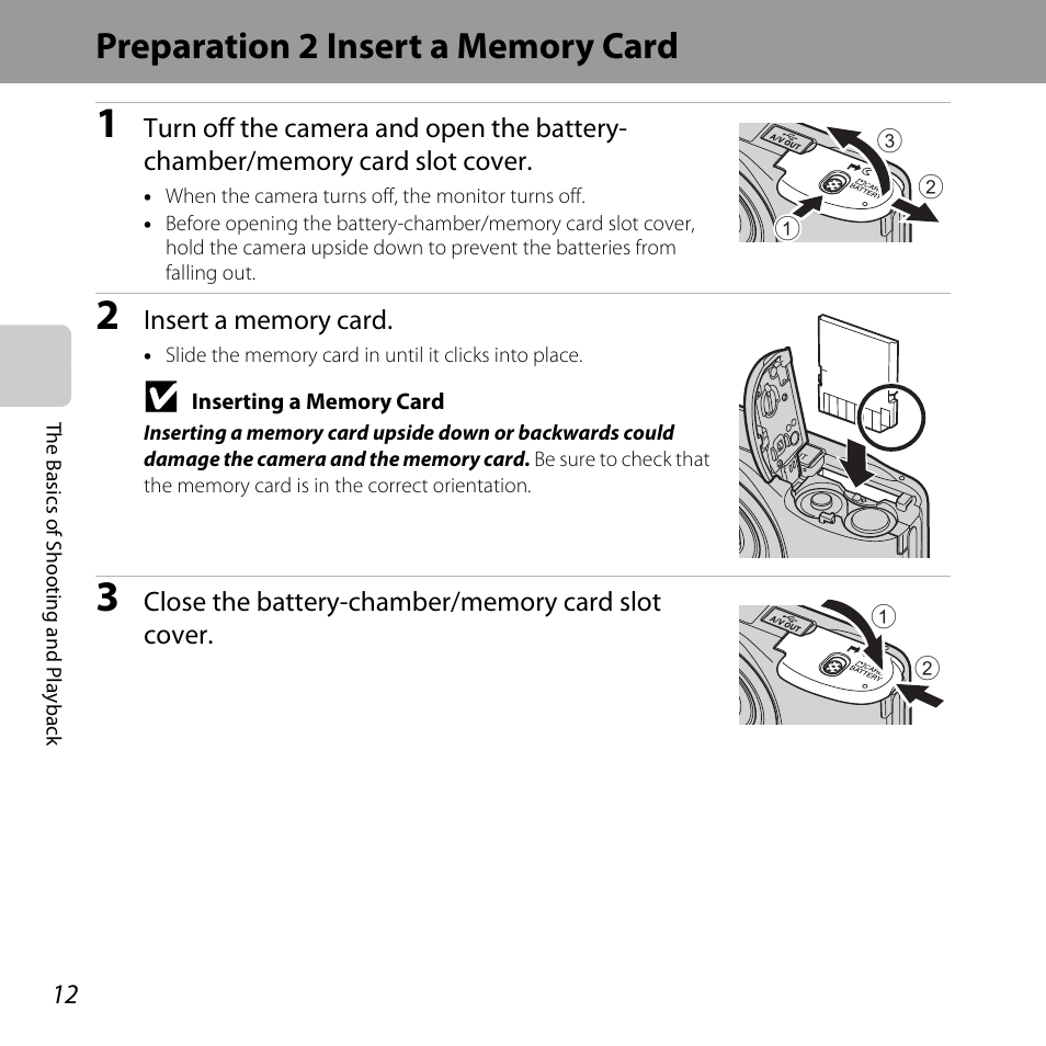 Preparation 2 insert a memory card | Nikon L28 User Manual | Page 32 / 200