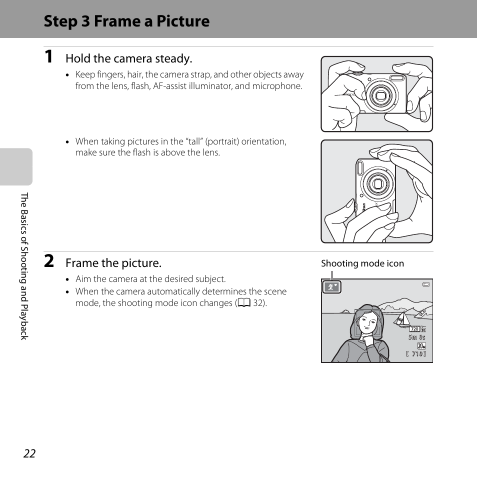 Step 3 frame a picture, Hold the camera steady, Frame the picture | Nikon L28 User Manual | Page 42 / 200