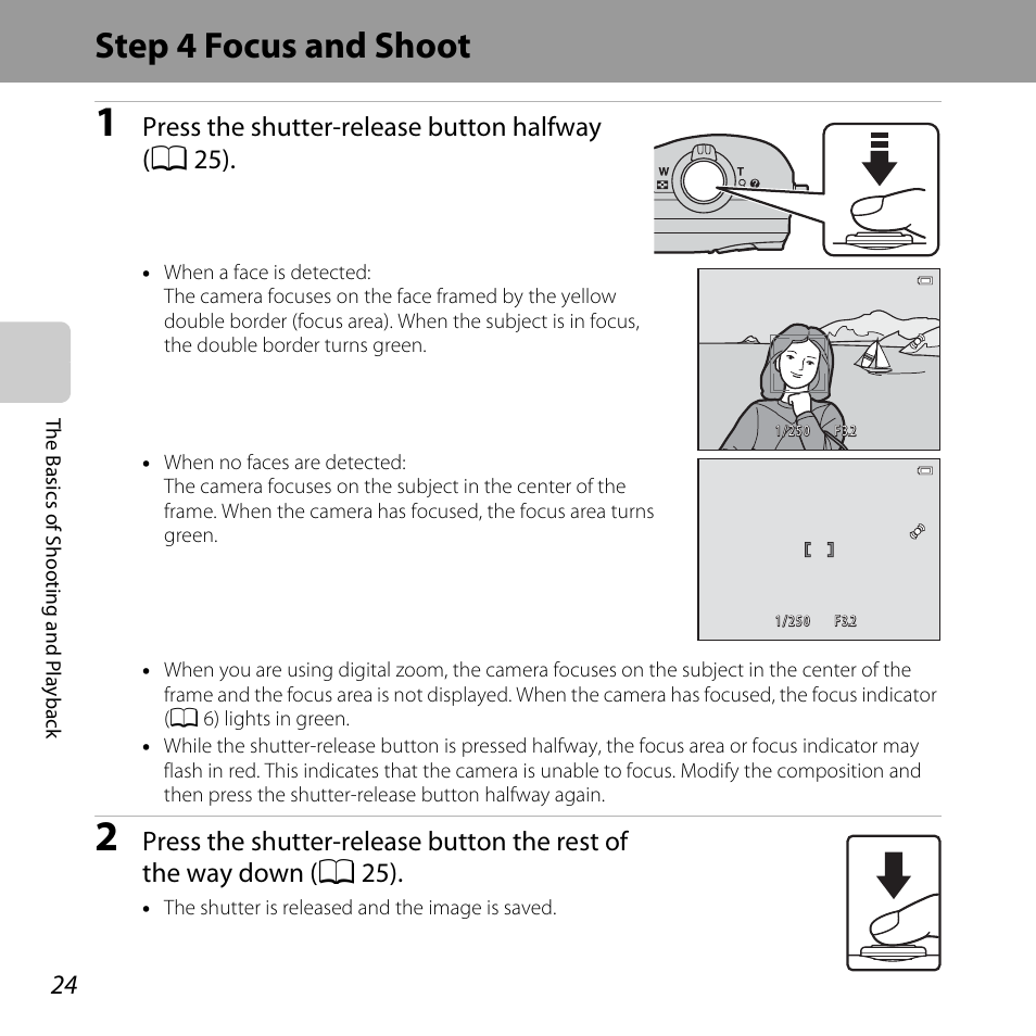 Step 4 focus and shoot, Press the shutter-release button halfway (a 25) | Nikon L28 User Manual | Page 44 / 200