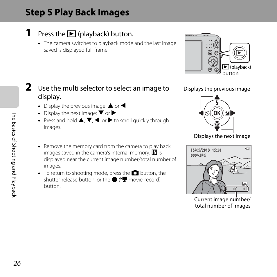 Step 5 play back images, Press the c (playback) button | Nikon L28 User Manual | Page 46 / 200