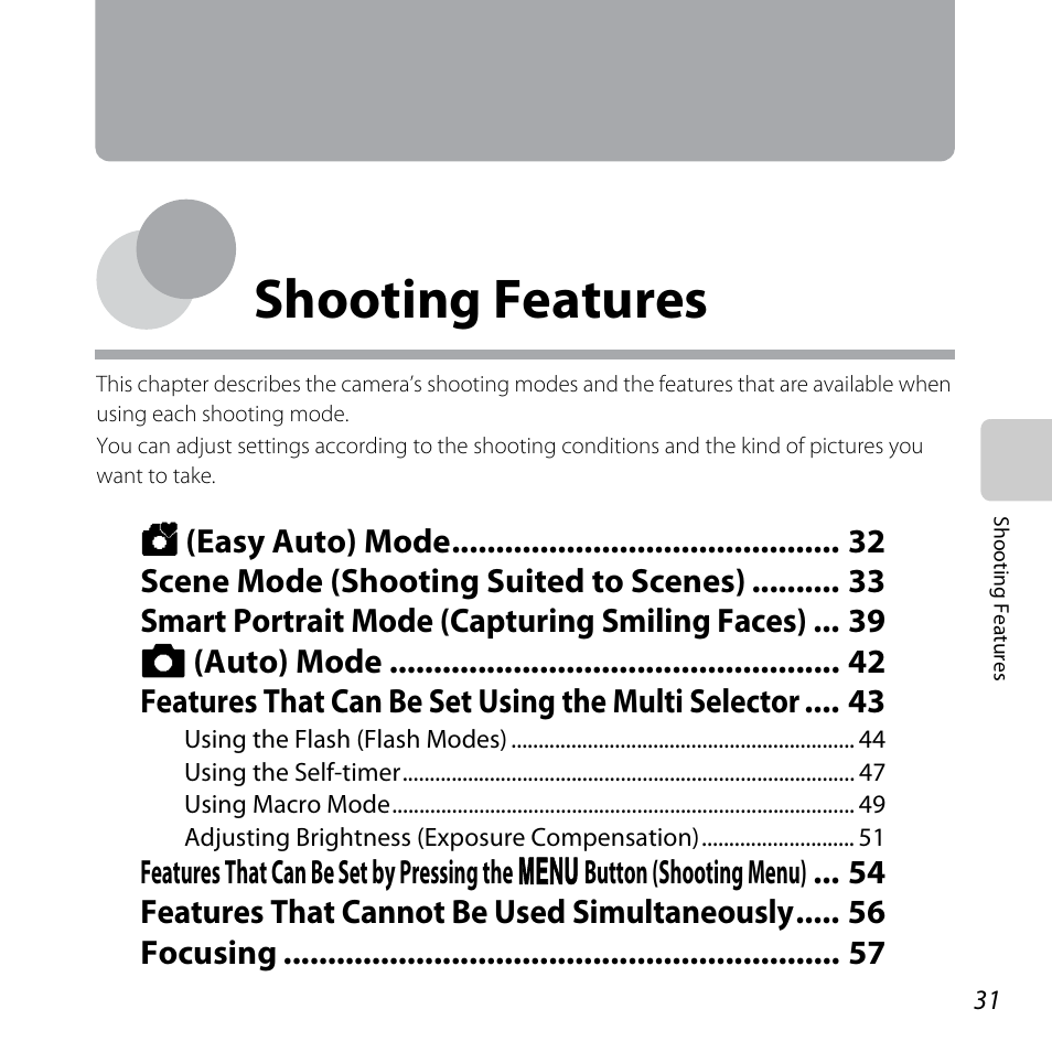 Shooting features | Nikon L28 User Manual | Page 51 / 200