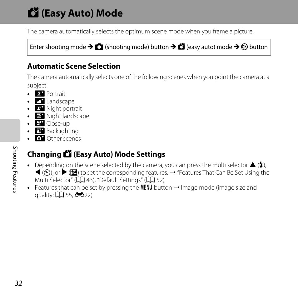 Easy auto mode, G (easy auto) mode, A 32) | Nikon L28 User Manual | Page 52 / 200