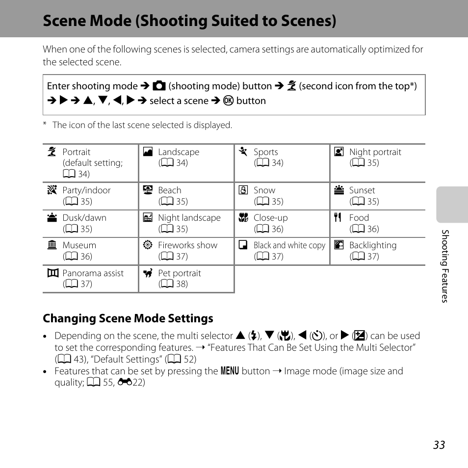 Scene mode (shooting suited to scenes), A 33, A 33, 39, 42) | Changing scene mode settings | Nikon L28 User Manual | Page 53 / 200