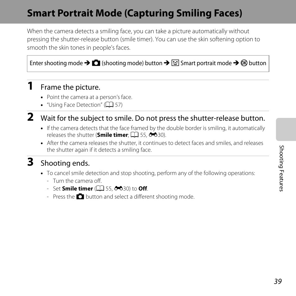 Smart portrait mode (capturing smiling faces), A 39 | Nikon L28 User Manual | Page 59 / 200