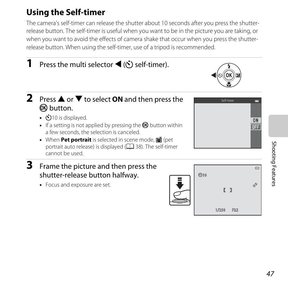 Using the self-timer, A 47, A 47), an | A 47), macr, Press the multi selector j (n self-timer) | Nikon L28 User Manual | Page 67 / 200