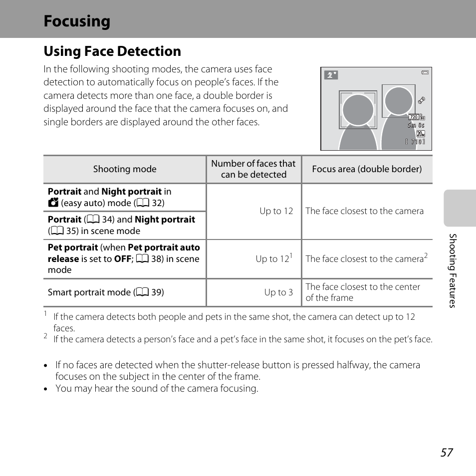 Focusing, Using face detection, A 57) | Ce (a 57), Using face detection” (a 57) | Nikon L28 User Manual | Page 77 / 200