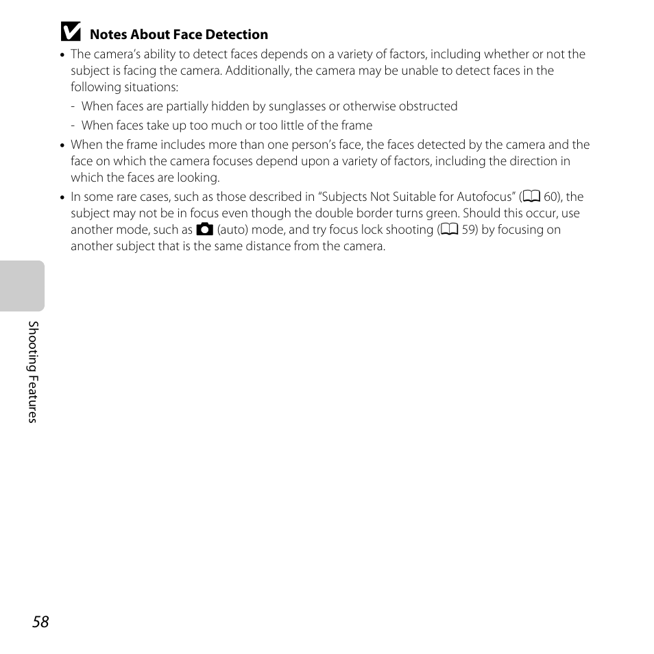 Notes about face detection, A 58 | Nikon L28 User Manual | Page 78 / 200