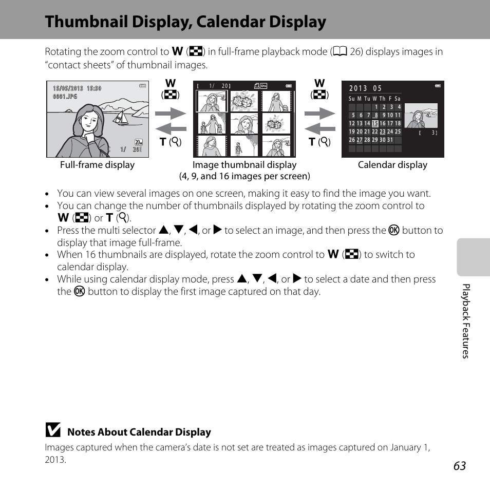 Thumbnail display, calendar display, A 63 | Nikon L28 User Manual | Page 83 / 200