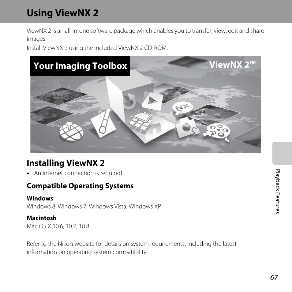 Using viewnx 2, Installing viewnx 2, A 67) | A 67, Your imaging toolbox viewnx 2 | Nikon L28 User Manual | Page 87 / 200