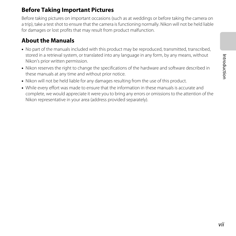 Before taking important pictures, About the manuals | Nikon L28 User Manual | Page 9 / 200