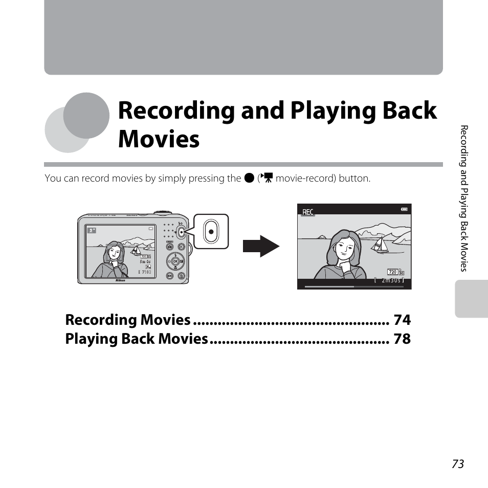 Recording and playing back movies, Recording movies playing back movies | Nikon L28 User Manual | Page 93 / 200