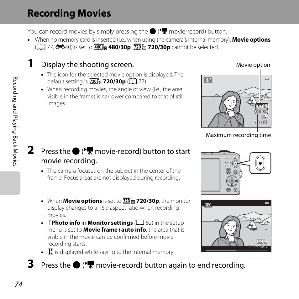 Recording movies, Display the shooting screen | Nikon L28 User Manual | Page 94 / 200