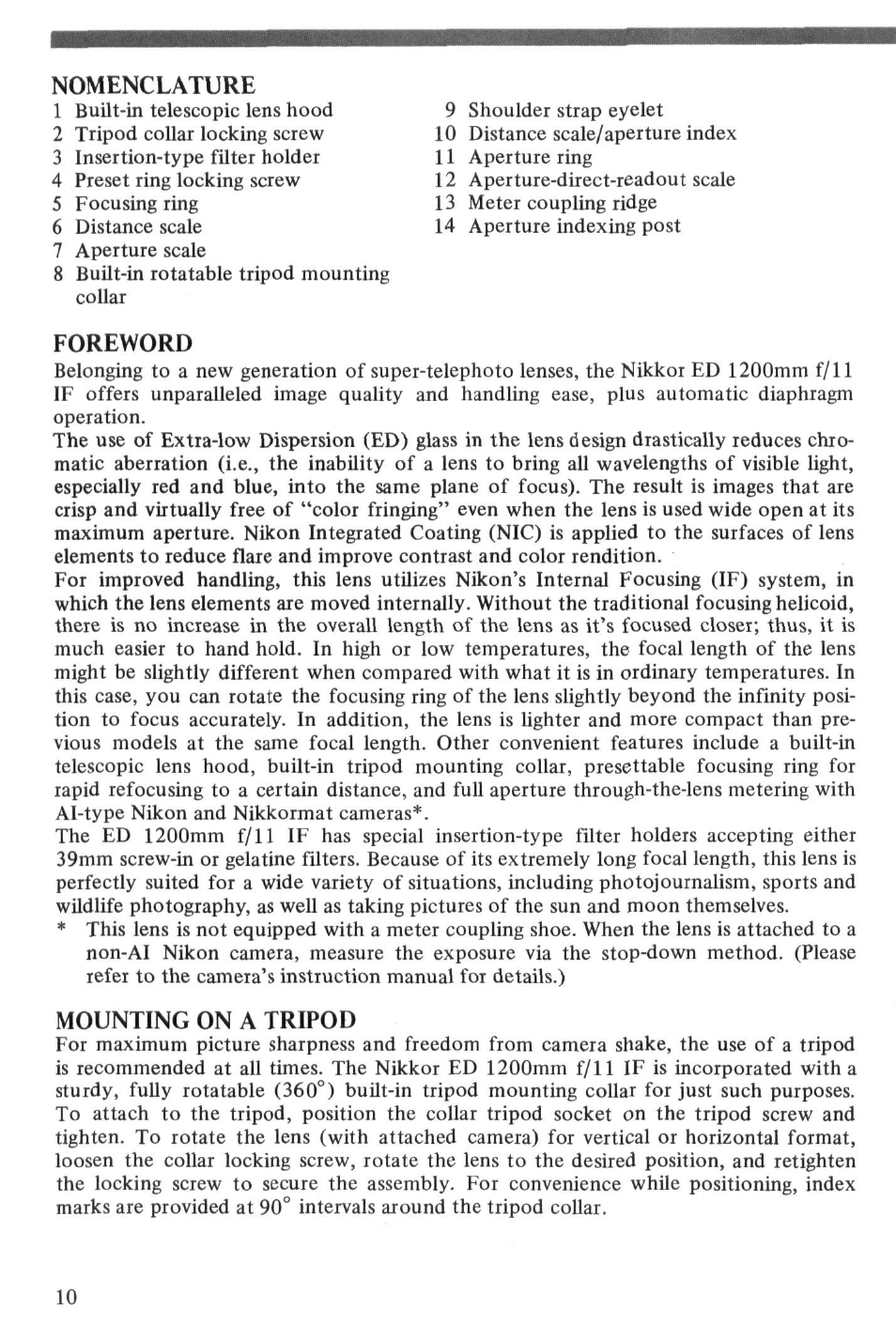 Foreword, Mounting on a tripod, Nomenclature | Nikon NIKKOR ED 1200mm f-11 IF User Manual | Page 10 / 30