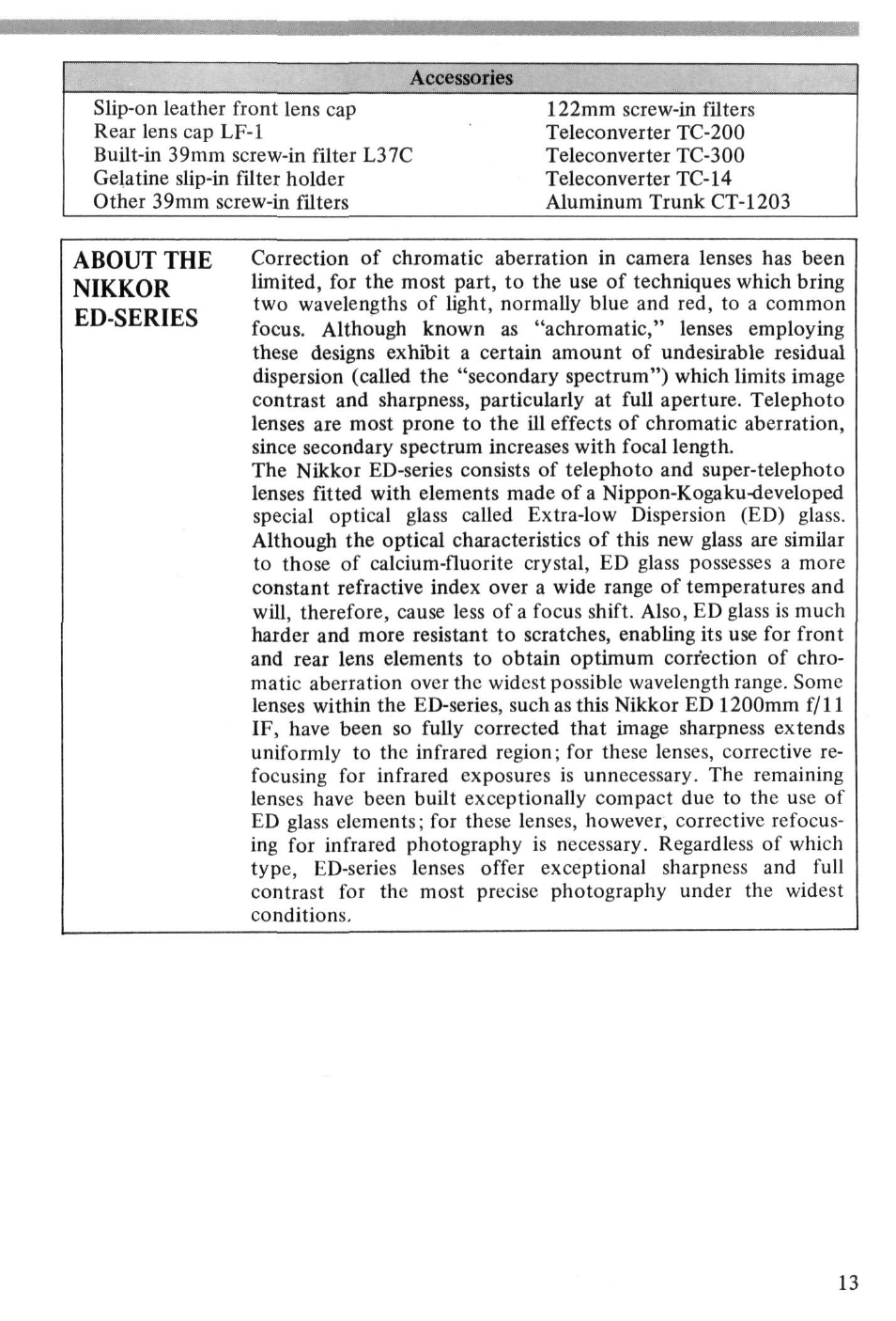 About the, Nikkor, Ed-series | About the nikkor ed-series | Nikon NIKKOR ED 1200mm f-11 IF User Manual | Page 13 / 30