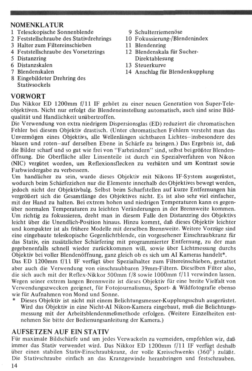 Nomenklatur, Vorwort, Aufsetzen auf ein stativ | Nikon NIKKOR ED 1200mm f-11 IF User Manual | Page 14 / 30