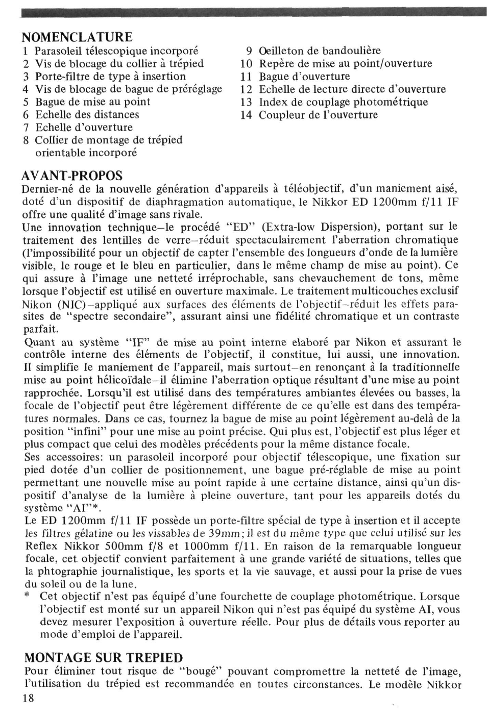 Nomenclature, Avant-propos, Montage sur trepied | Nikon NIKKOR ED 1200mm f-11 IF User Manual | Page 18 / 30