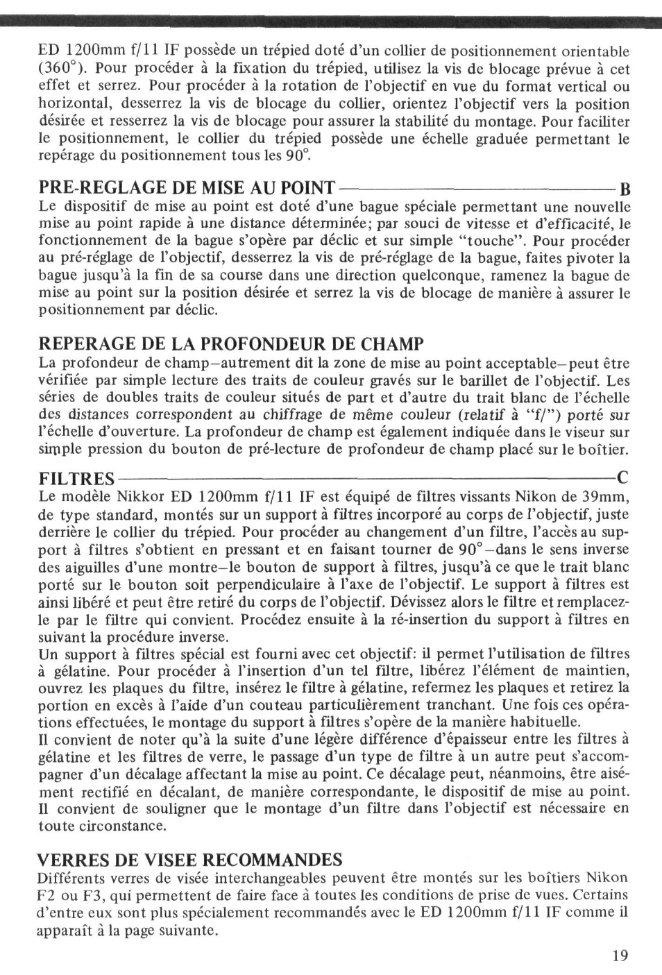 Pre-reglage de mise au point, Reperage de la profondeur de champ, Filtres ^ c | Verres de visee recommandes, Pre-reglage de mise au point b | Nikon NIKKOR ED 1200mm f-11 IF User Manual | Page 19 / 30