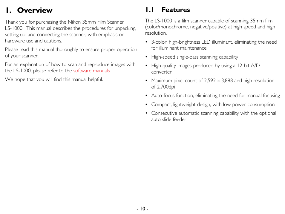 Overview, 1 features, Features | Nikon LS-1000 User Manual | Page 10 / 36