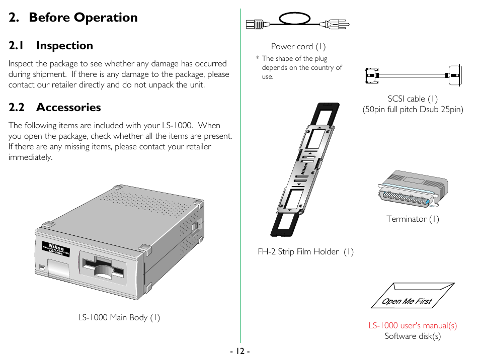 Before operation, 1 inspection, 2 accessories | Inspection, Accessories | Nikon LS-1000 User Manual | Page 12 / 36