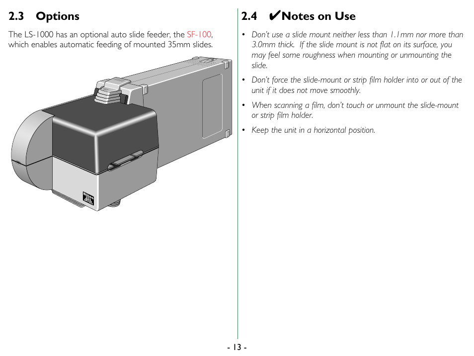 3 options, 4 notes on use, Options | Notes on use | Nikon LS-1000 User Manual | Page 13 / 36