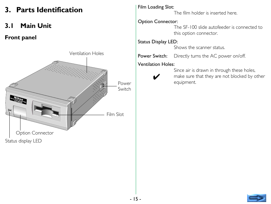 Parts identification, 1 main unit, Main unit | Nikon LS-1000 User Manual | Page 15 / 36