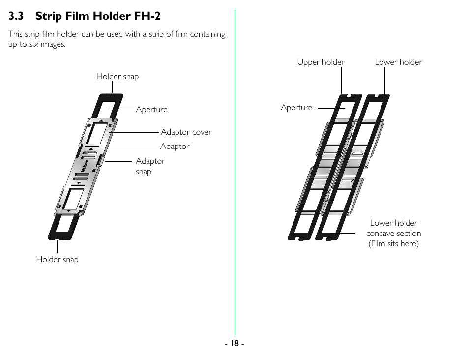3 strip film holder fh-2, Strip film holder fh-2 | Nikon LS-1000 User Manual | Page 18 / 36