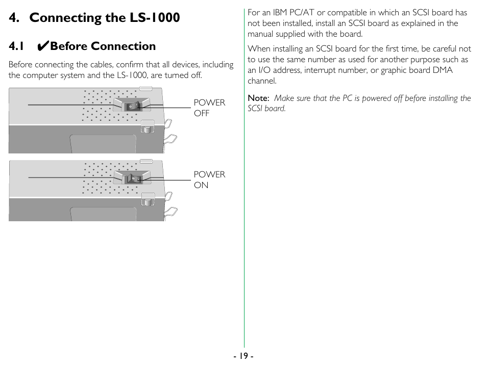 Connecting the ls-1000, 1 before connection, Before connection | Nikon LS-1000 User Manual | Page 19 / 36