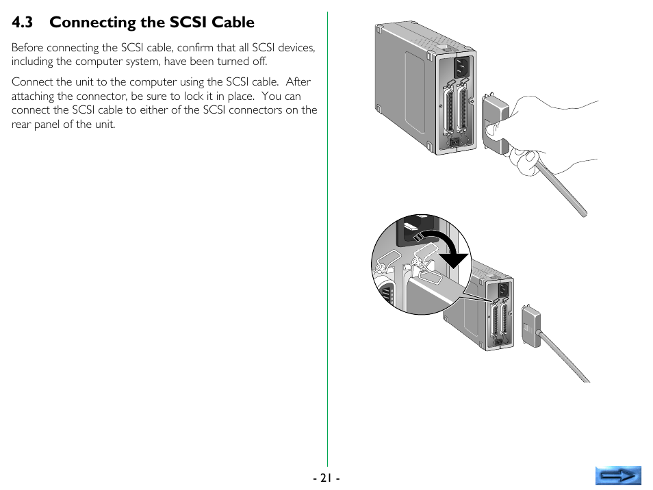 3 connecting the scsi cable, Connecting the scsi cable | Nikon LS-1000 User Manual | Page 21 / 36
