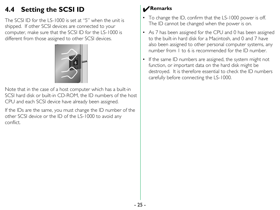 4 setting the scsi id, Setting the scsi id | Nikon LS-1000 User Manual | Page 25 / 36