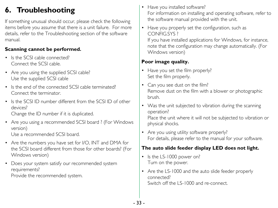 Troubleshooting | Nikon LS-1000 User Manual | Page 33 / 36
