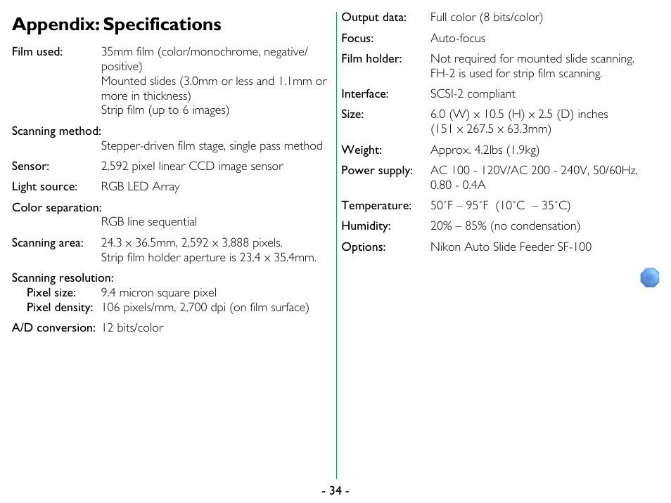 Appendix: specifications | Nikon LS-1000 User Manual | Page 34 / 36